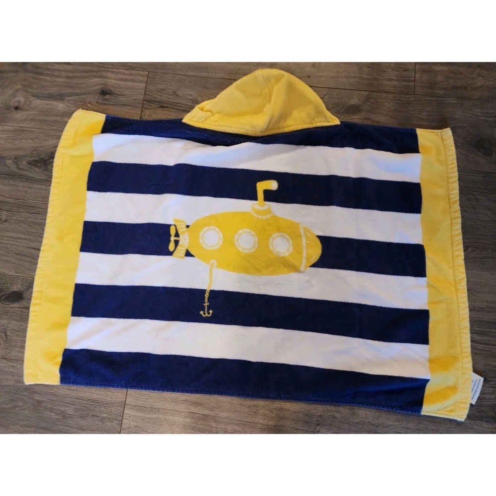 Pottery Barn Kids Beach Towel Blue Striped Yellow Submarine Hooded Bath 32"X21"
